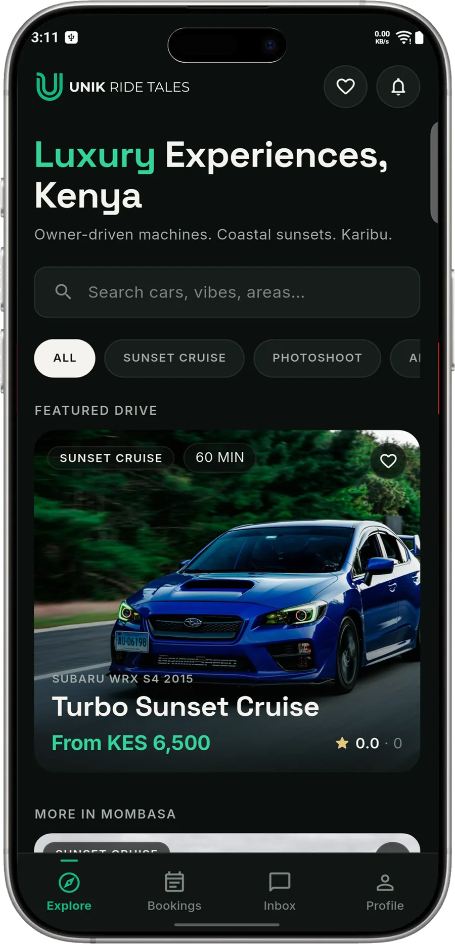 The explore screen showing a featured Subaru WRX sunset cruise